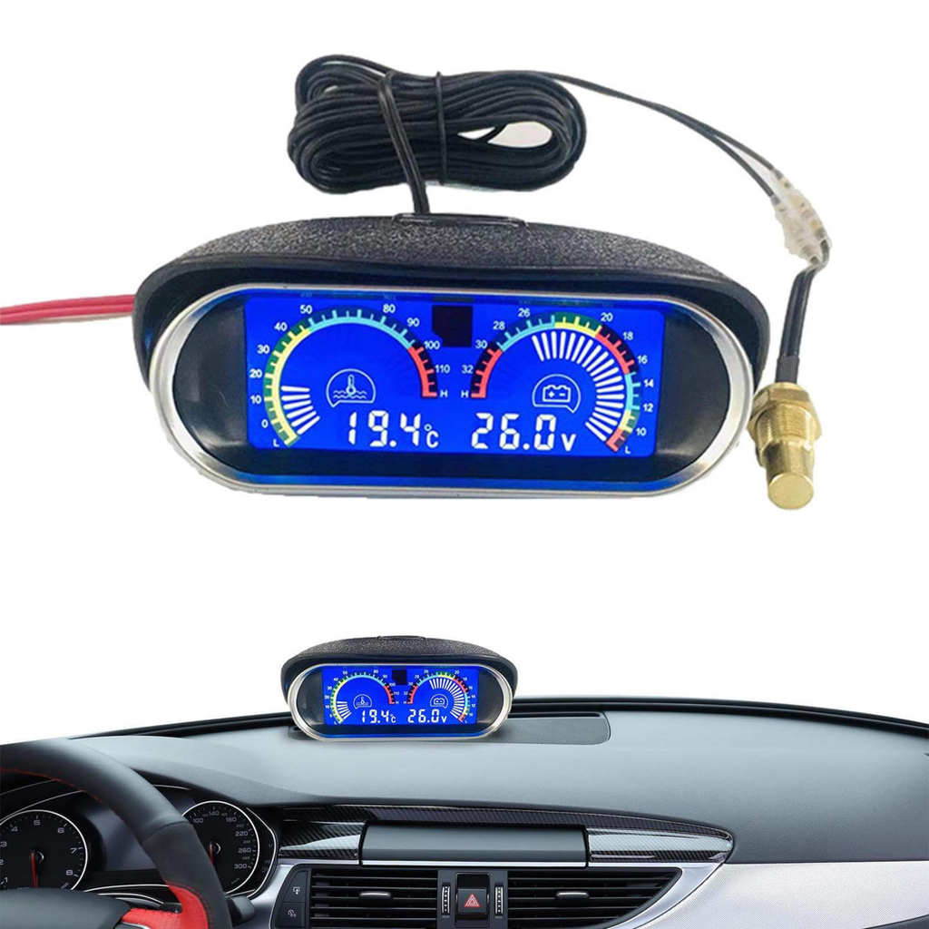 2-i-1 LCD Vattentemperaturmätare & Voltmeter 12V/24V – Digital bilinstrument med 10mm temperaturgivare Tillbehör