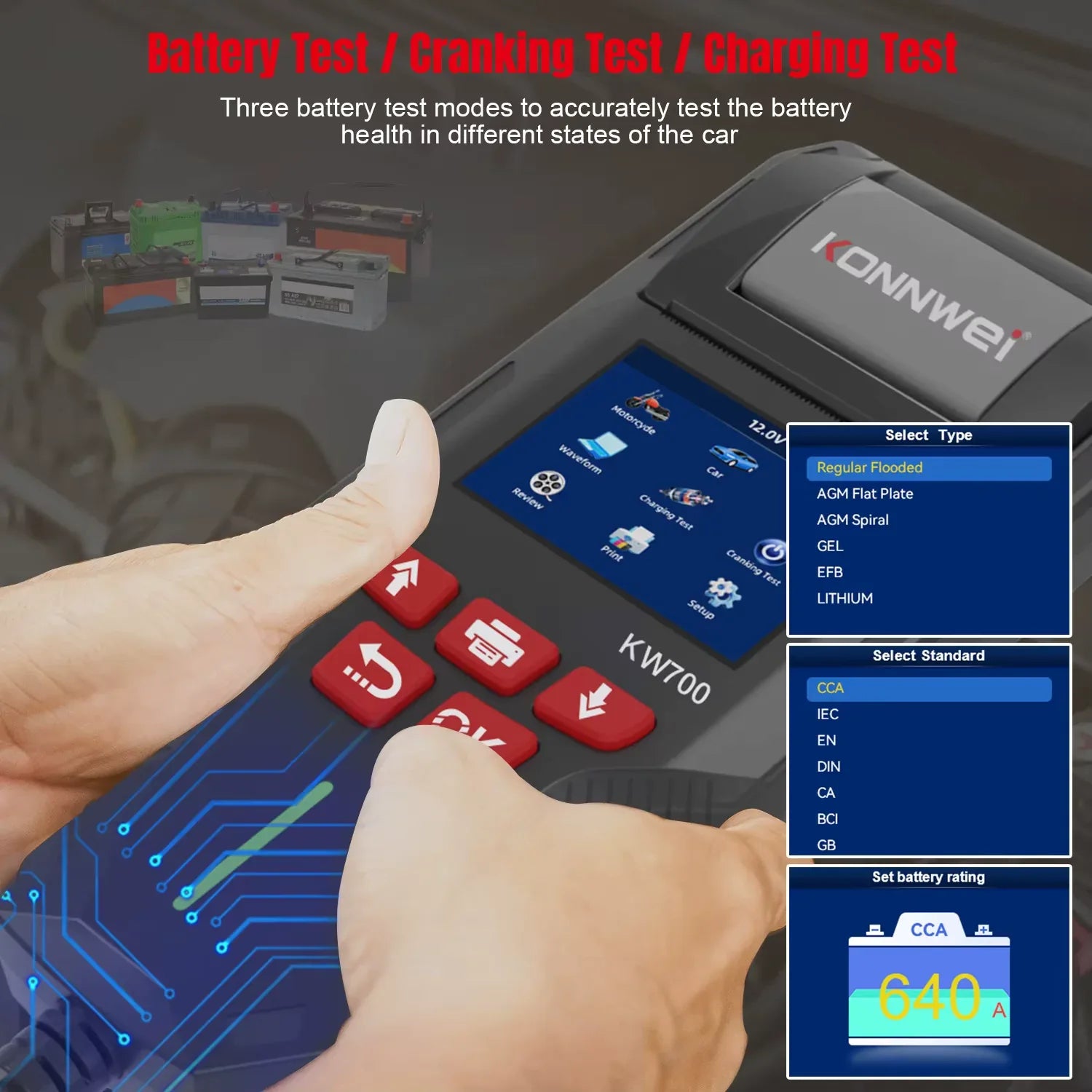 KONNWEI KW700 – Batteritestare 12V/24V med inbyggd skrivare - Felkodsläsare