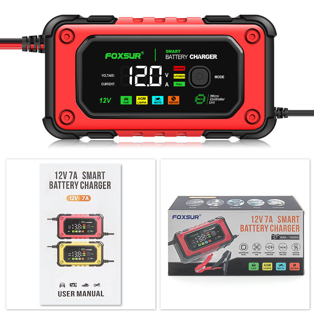 FOXSUR 12V 7A Färgskärm Universell Motorcykelbil Batteriladdare
