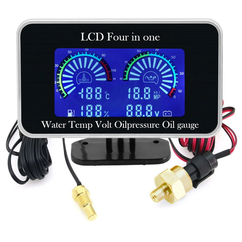 12 V/24 V 4 - i - 1 LCD Digitalmätare – Voltmeter, Oljetryck, Bränslenivå & Vattentemperatur med M10 NPT - sensor - Felkodsläsare