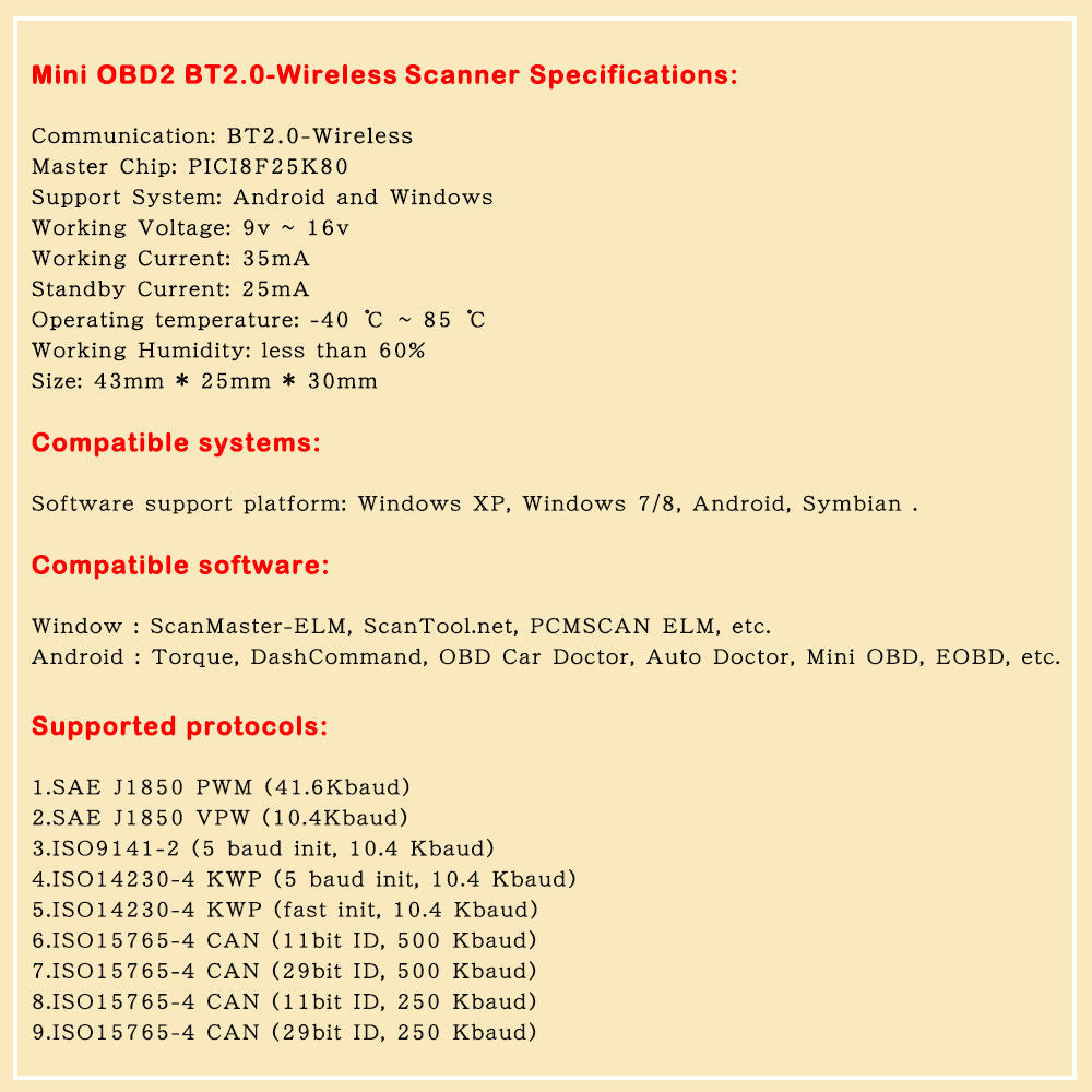 Mini OBD2 Bluetooth Scanner ELM327 V1.5