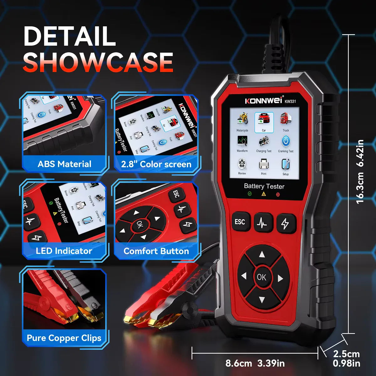 KONNWEI KW331 batteritestare – 6V/12V/24V - Felkodsläsare