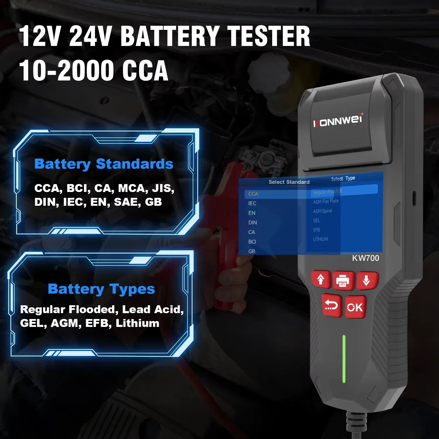 KONNWEI KW700 – Batteritestare 12V/24V med inbyggd skrivare - Felkodsläsare