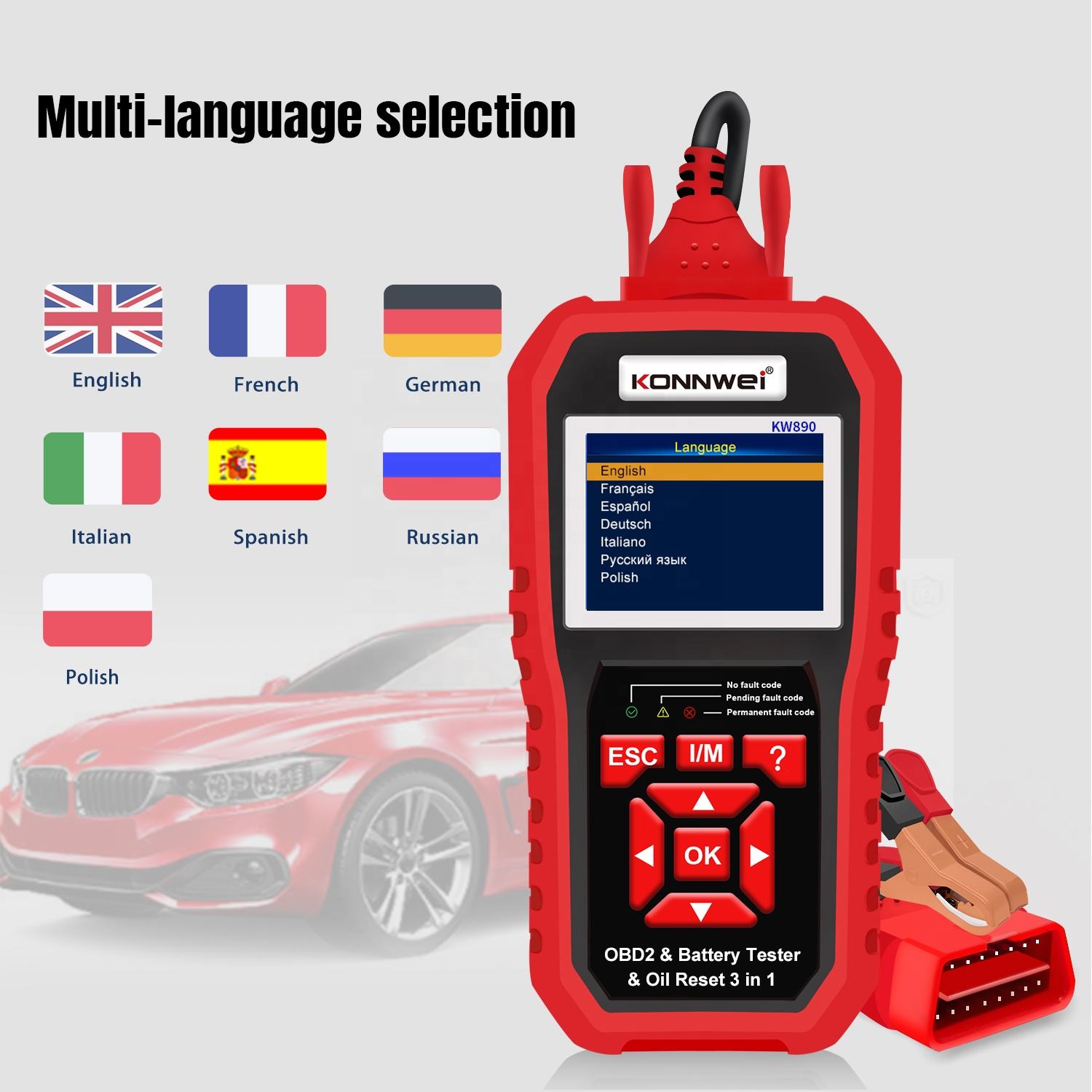 Konnwei KW890 OBD2 Diagnostik Scanner och Batteritest 3-i-1