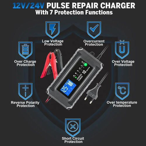 12V 24V Universal Bilbatteriladdare med Pulsunderhåll - Felkodsläsare