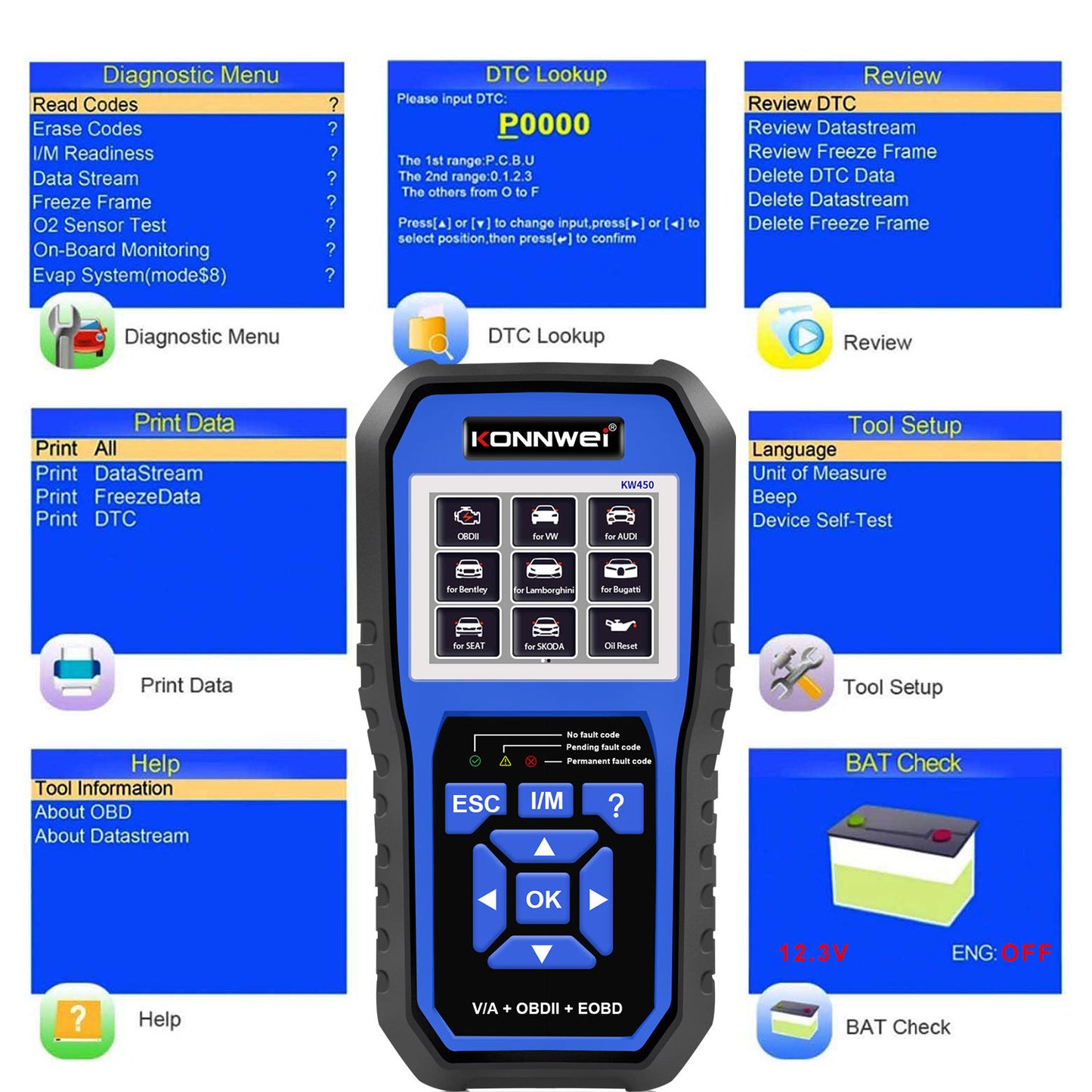 KONNWEI KW450 Full System OBD2 Scanner för VW och Audi
