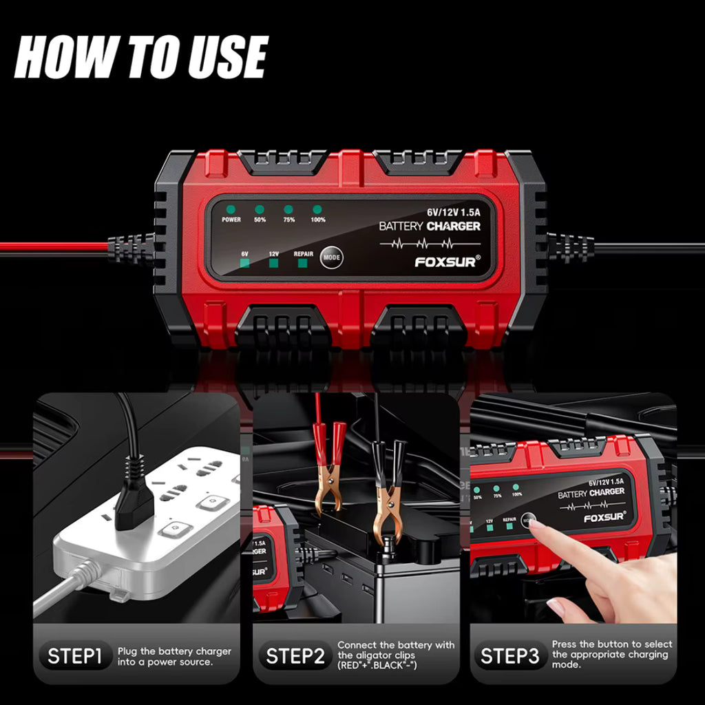 FOXSUR 6V/12V Smart Batteriladdare – Automatisk & Säker