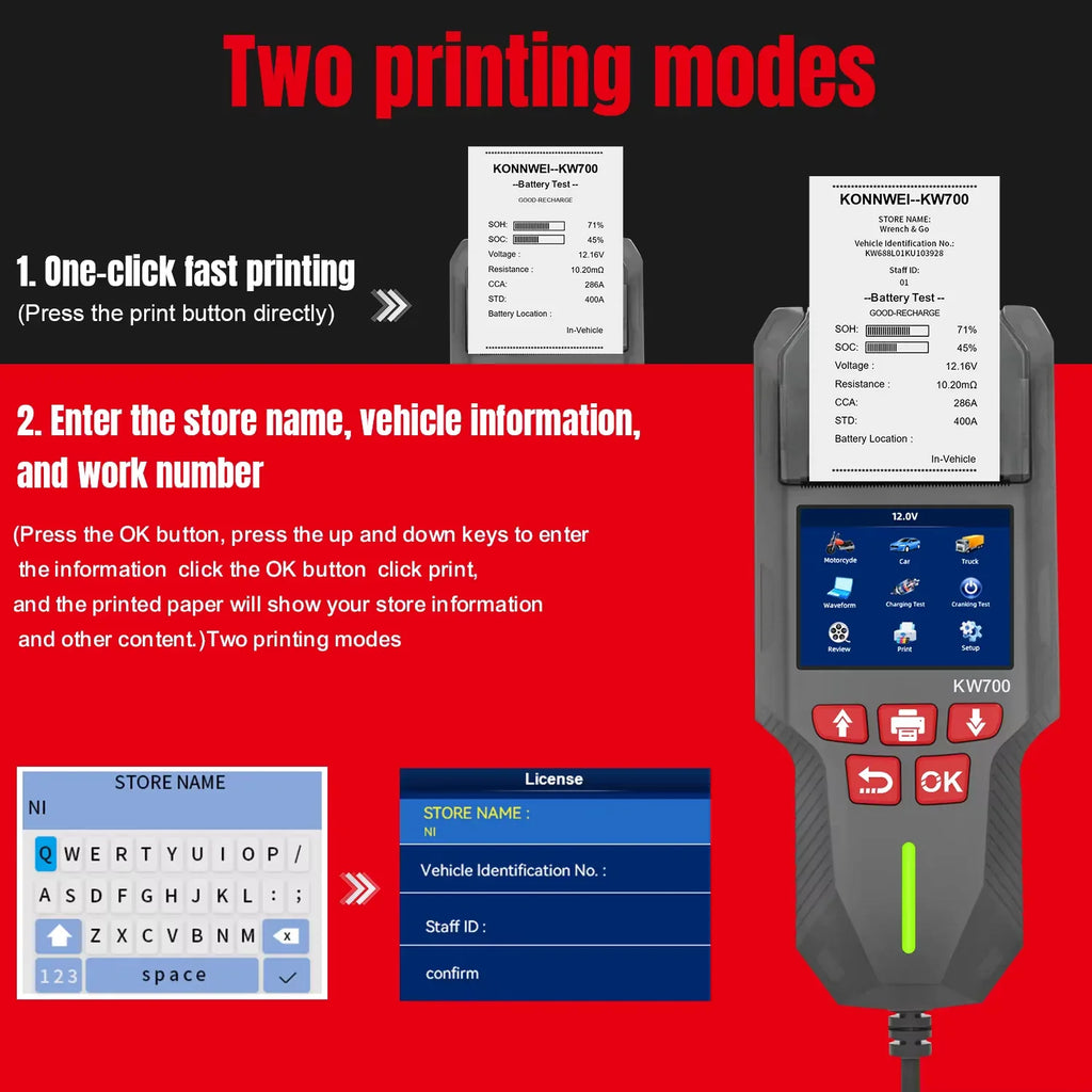 KONNWEI KW700 – Batteritestare 12V/24V med inbyggd skrivare - Felkodsläsare