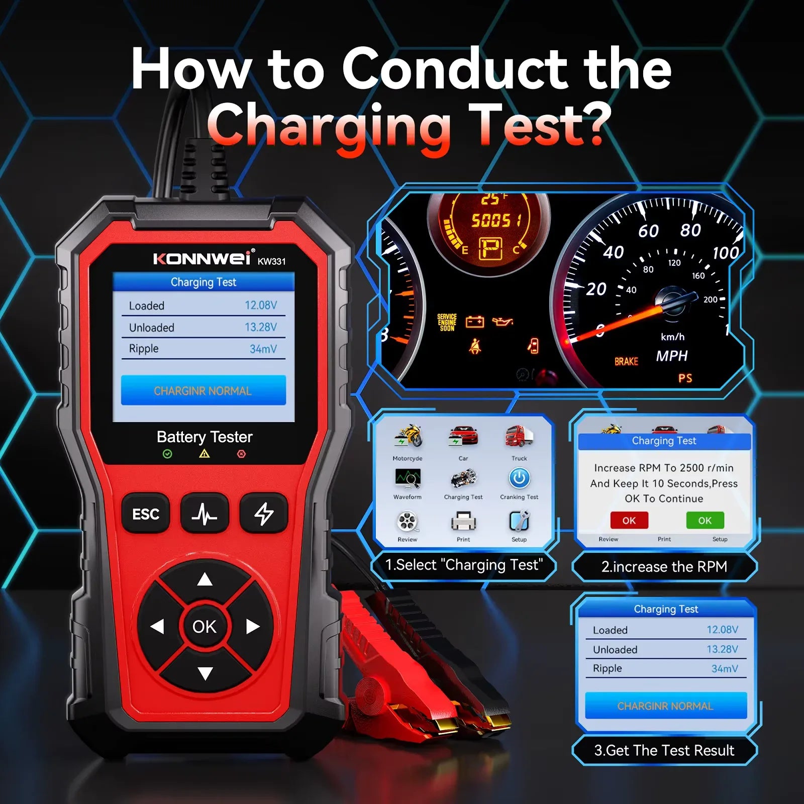 KONNWEI KW331 batteritestare – 6V/12V/24V - Felkodsläsare
