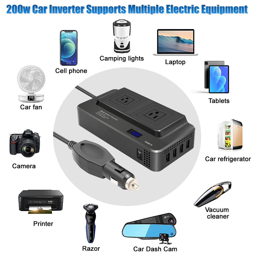 200W Bilväxelriktare med 2 AC Uttag och 4 USB-portar