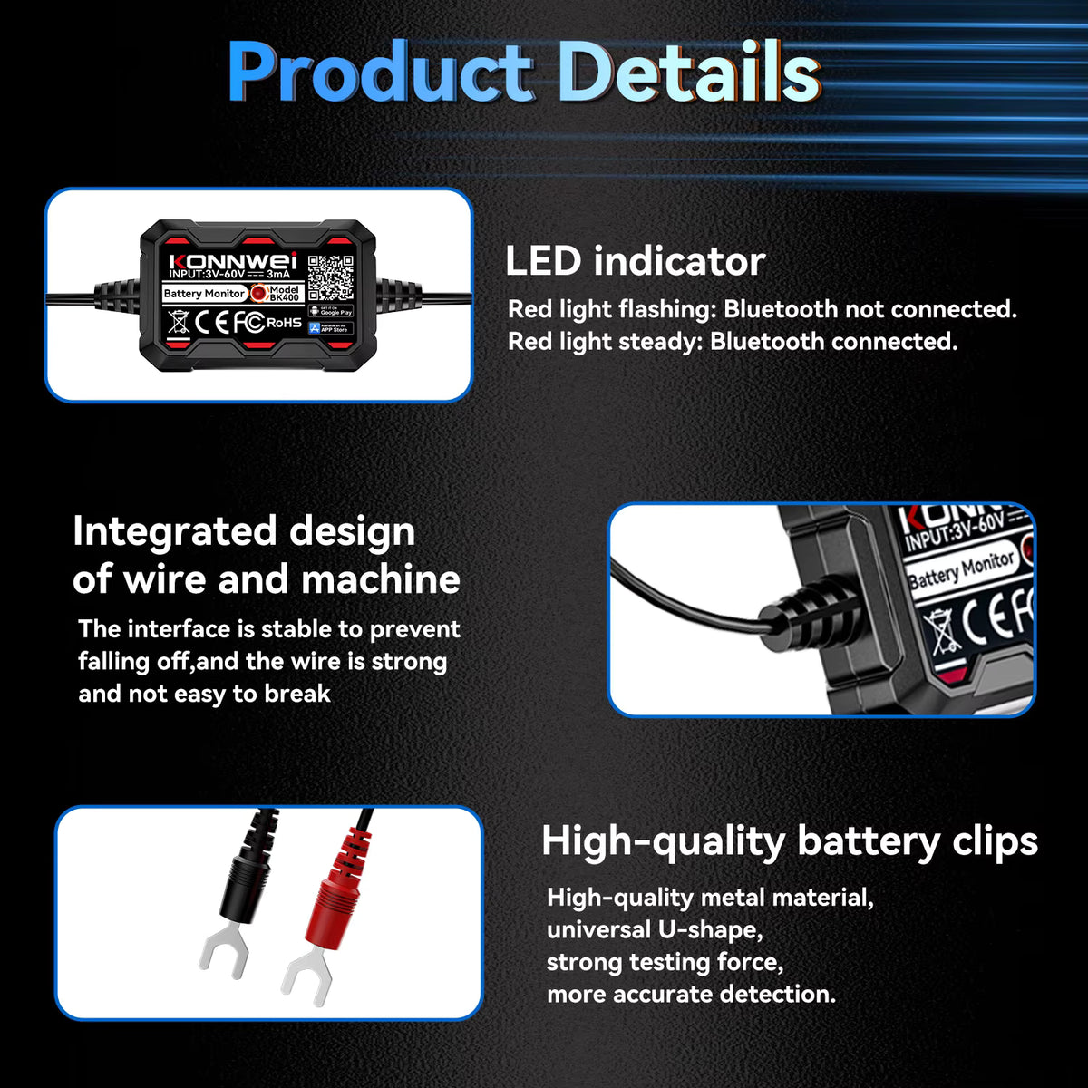 KONNWEI BK400 6-i-1 Bluetooth 5.2 Batterimonitor 3–60V – för 6V/12V/24V/48V