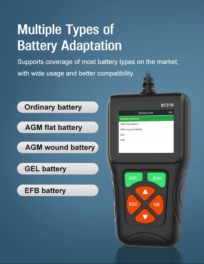 BT310 12V/24V Batteritestare – Testa CCA, SOC & SOH