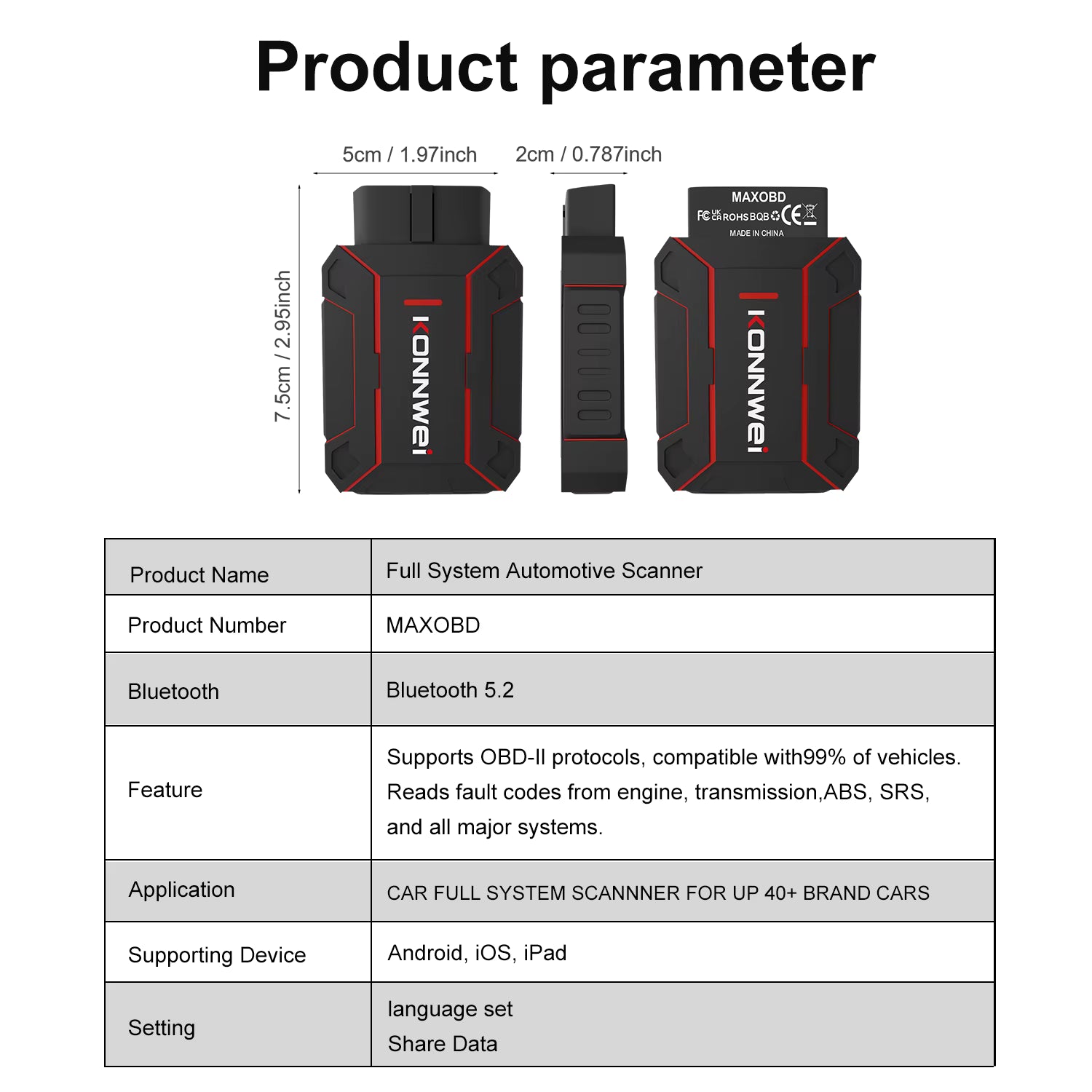 KONNWEI MAXOBD BT5.2 OBD2 Scanner – Full Systems & App