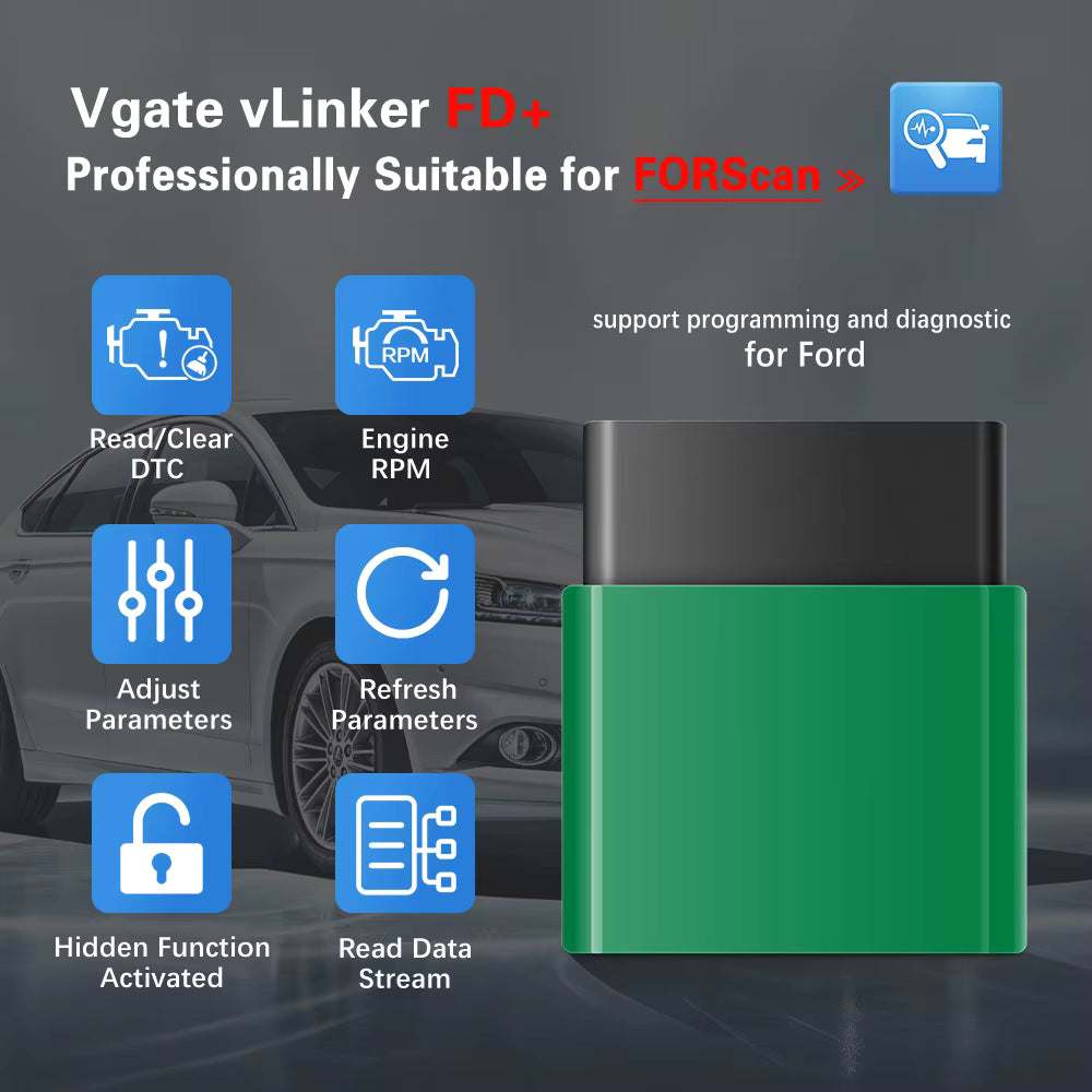 Vgate vLinker FD+ BT 4.0 BLE – Trådlös OBD2-adapter Ford/Forscan Felkodsläsare