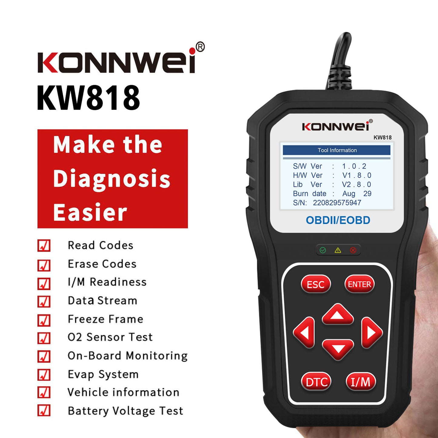 Konnwei KW818 Universell OBD2 Scanner för Bildiagnos