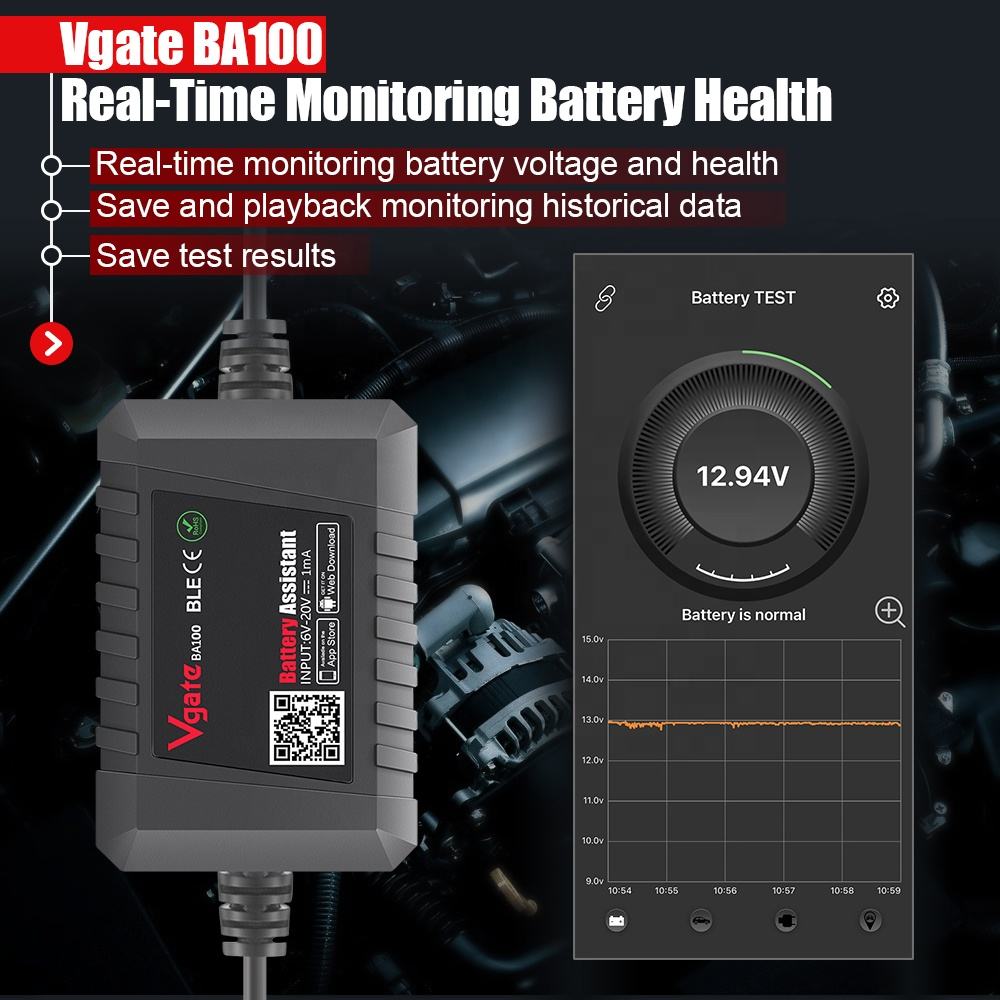 Vgate BA100 Auto 6V 12V Bilbatteri Tester & Diagnosverktyg