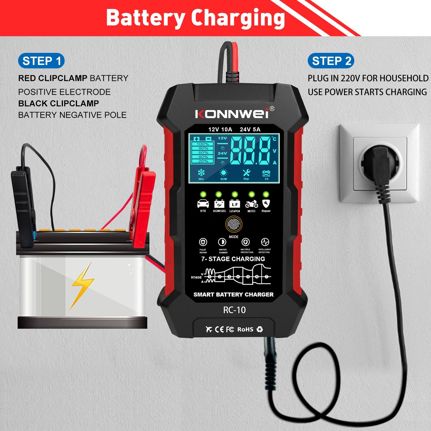 Original Konnwei RC-10 Batteriladdare 12V 24V