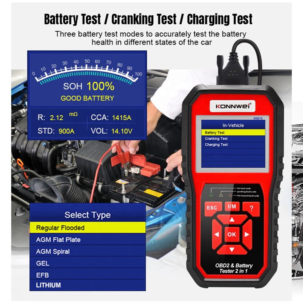 Konnwei KW870 Bil 12V Batteritestare OBDII Diagnosverktyg