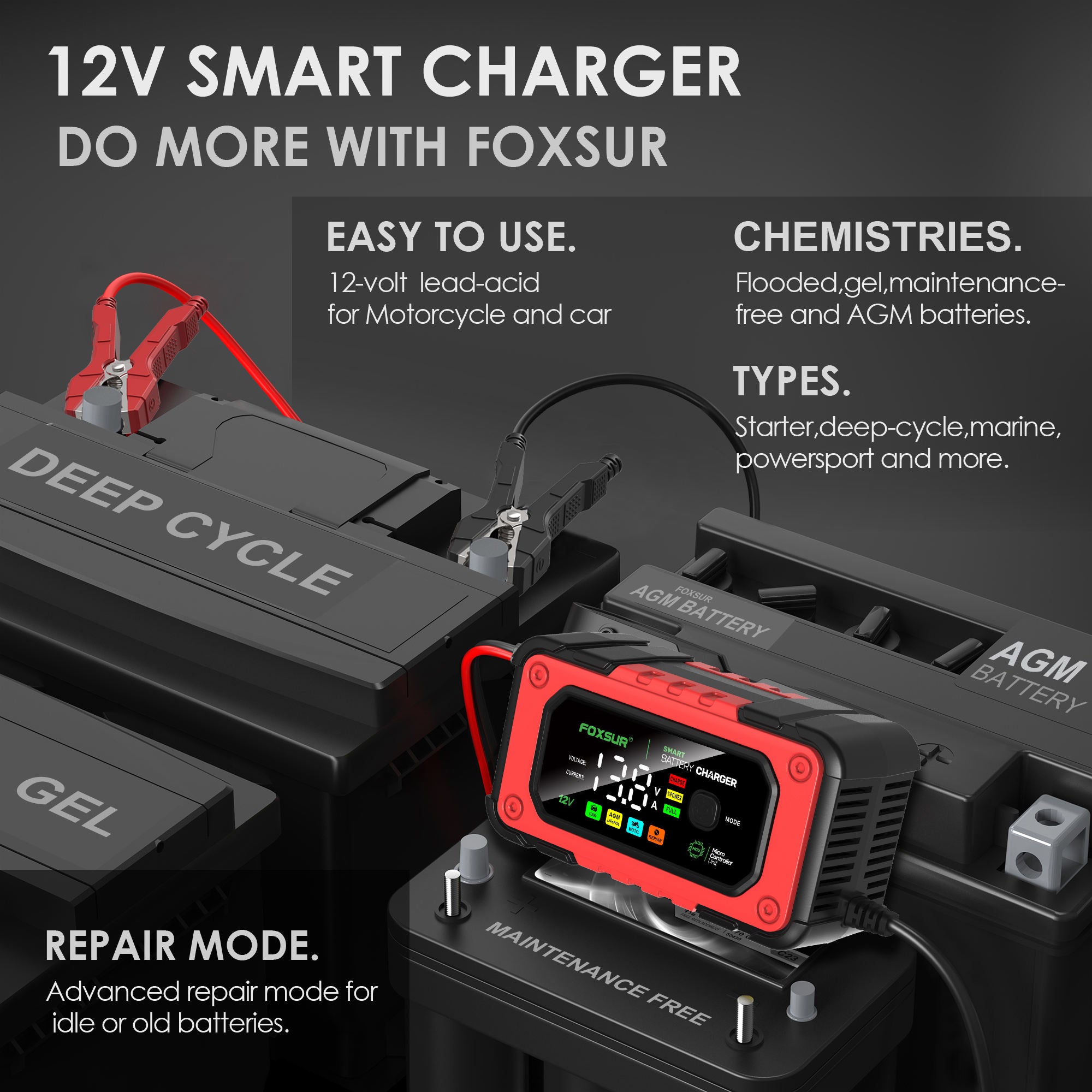 FOXSUR FBC1207E 12V/7A Smart Batteriladdare Tillbehör