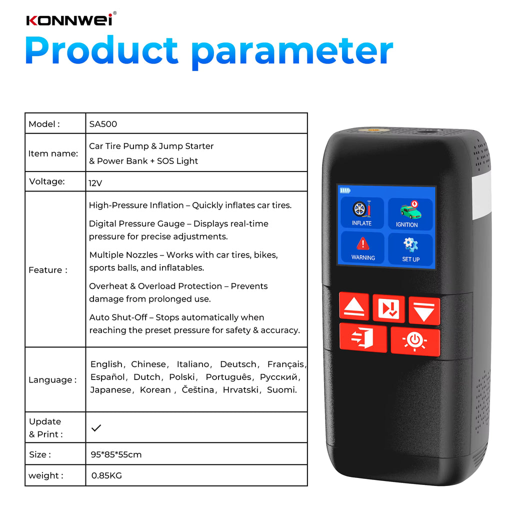 KONNWEI SA500 2000A 12V – startbooster med kompressor + powerbank