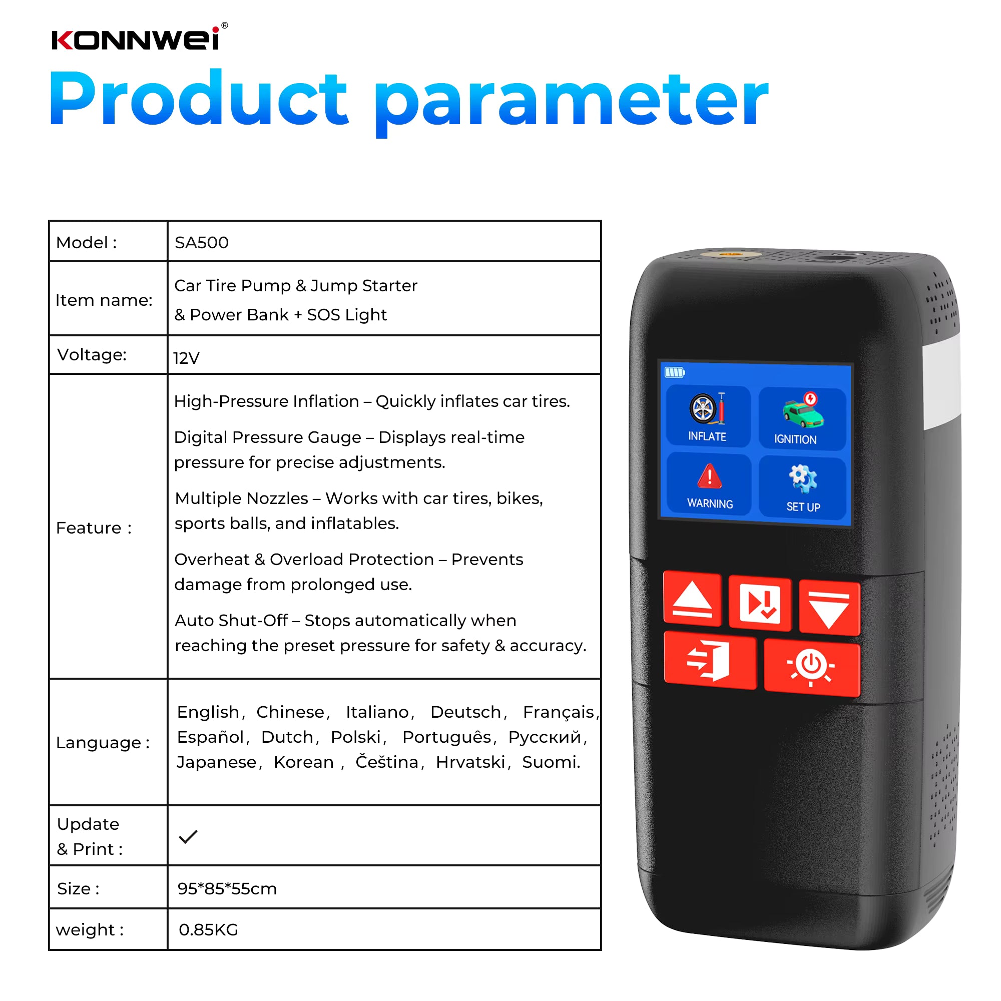KONNWEI SA500 2000A 12V – startbooster med kompressor + powerbank