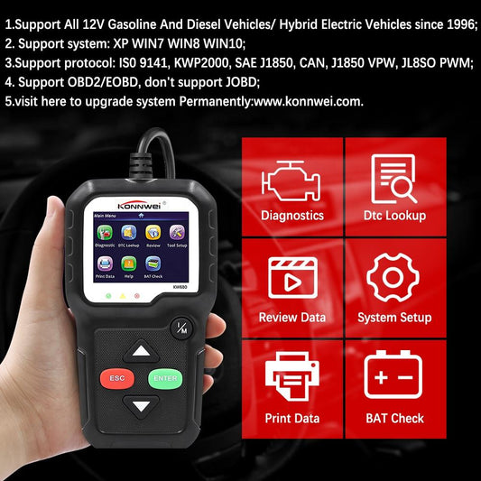 KONNWEI KW680 OBD2 Diagnostikverktyg - Läs och Rensa Felsökning