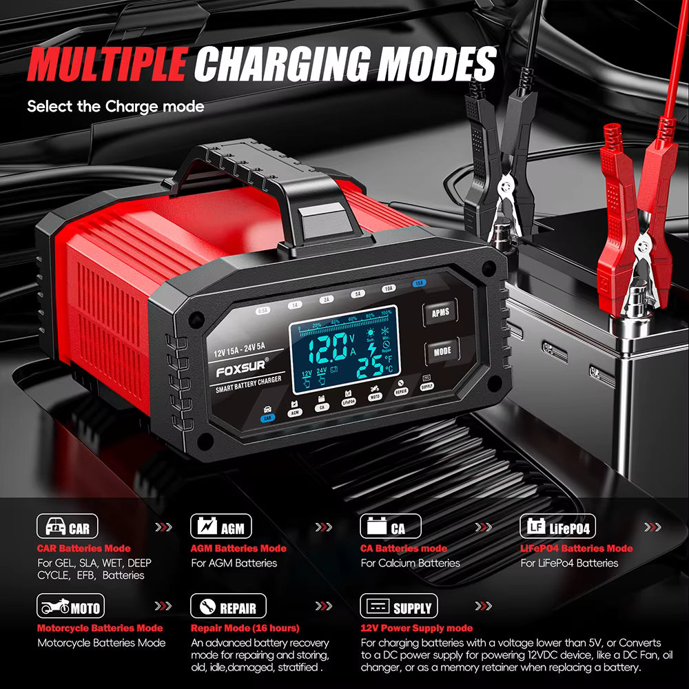 FOXSUR FAC-150 Smart Batteriladdare 12V/24V – 15A/5A