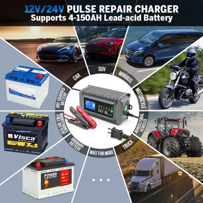 12V 24V Universal Bilbatteriladdare med Pulsunderhåll