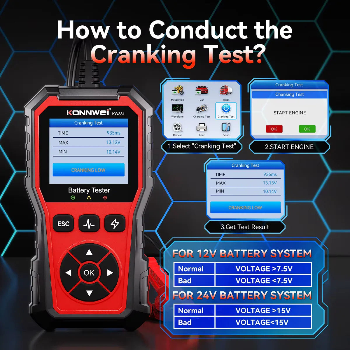 KONNWEI KW331 batteritestare – 6V/12V/24V - Felkodsläsare