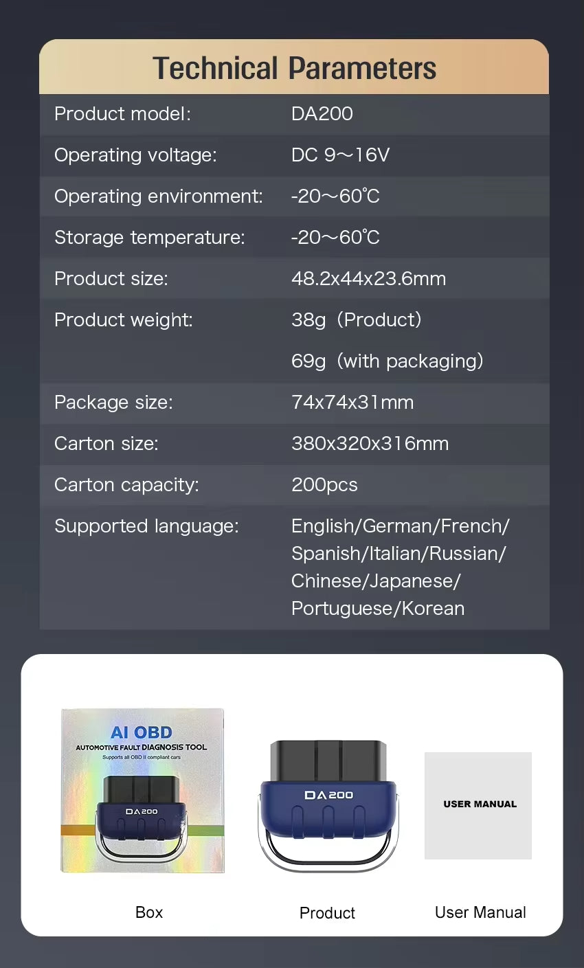 ELM327 OBD2-kodläsare DA200 med AI-intelligent diagnostik och 25k80-chip