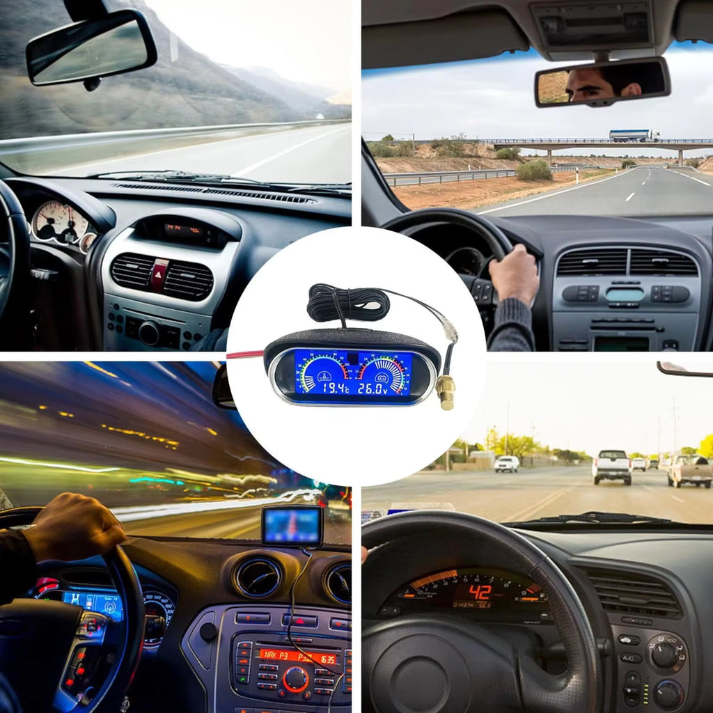 2-i-1 LCD Vattentemperaturmätare & Voltmeter 12V/24V – Digital bilinstrument med 10mm temperaturgivare Tillbehör
