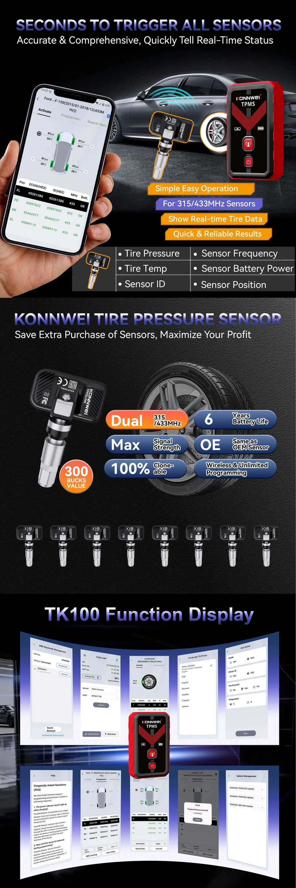 KONNWEI TK100 TPMS-programmeringsverktyg (TPMS Program Tool) - Felkodsläsare