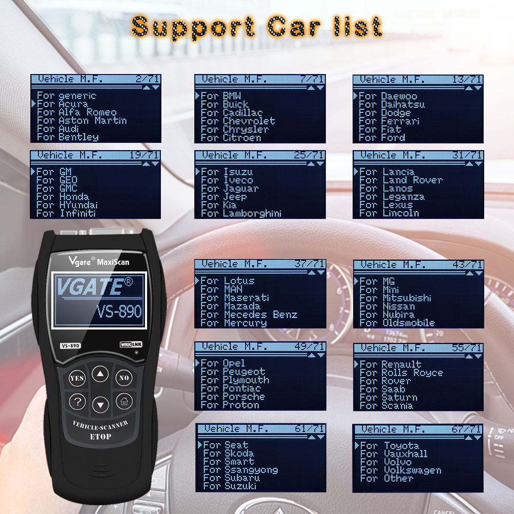 VGATE MaxiScan VS890 OBD2 Code Reader med Hebreiska