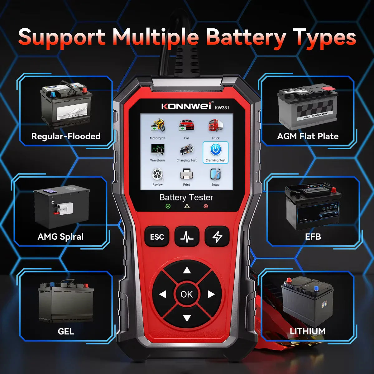 KONNWEI KW331 batteritestare – 6V/12V/24V - Felkodsläsare