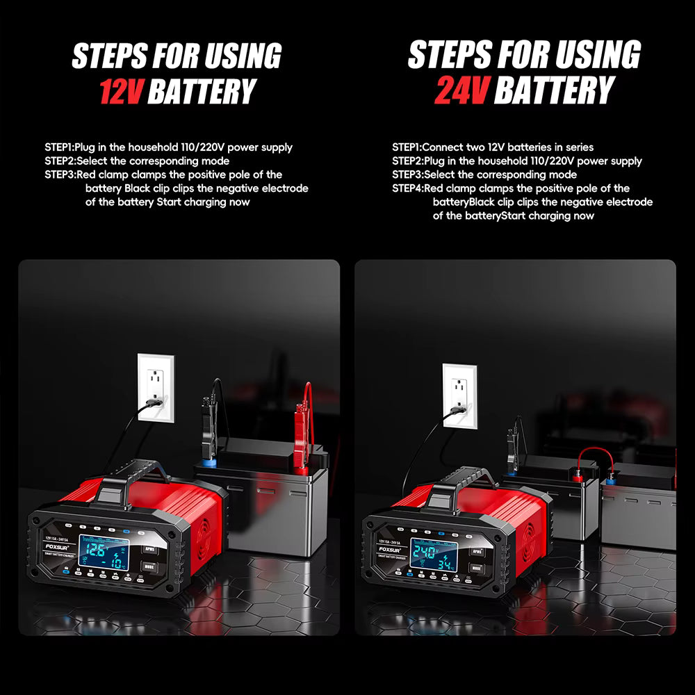 FOXSUR FAC-150 Smart Batteriladdare 12V/24V – 15A/5A