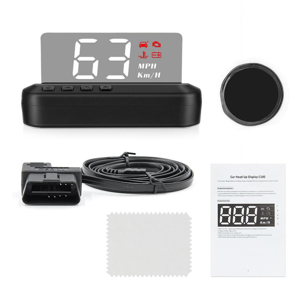 3 Tum C100 Speedometer Alarm Bil HUD Trådlös Head-Up Display OBD2
