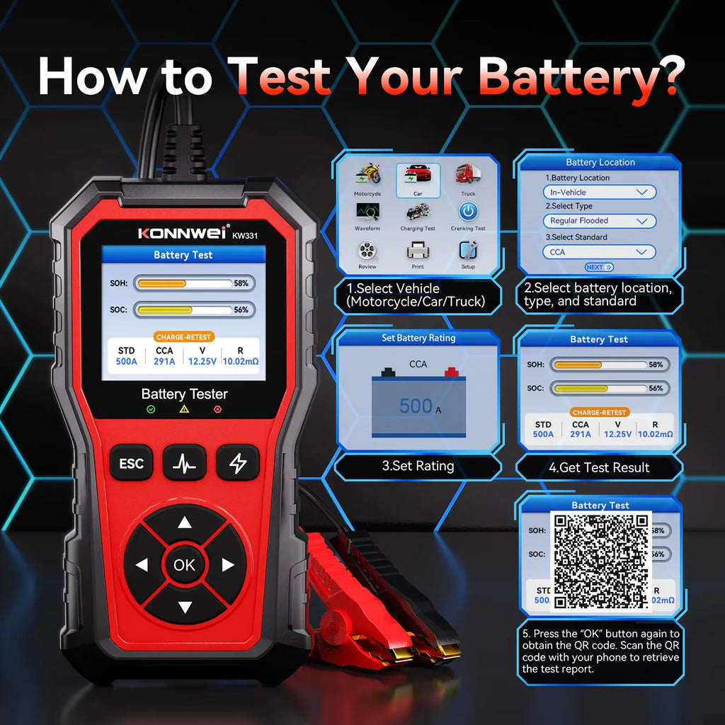 KONNWEI KW331 batteritestare – 6V/12V/24V - Felkodsläsare