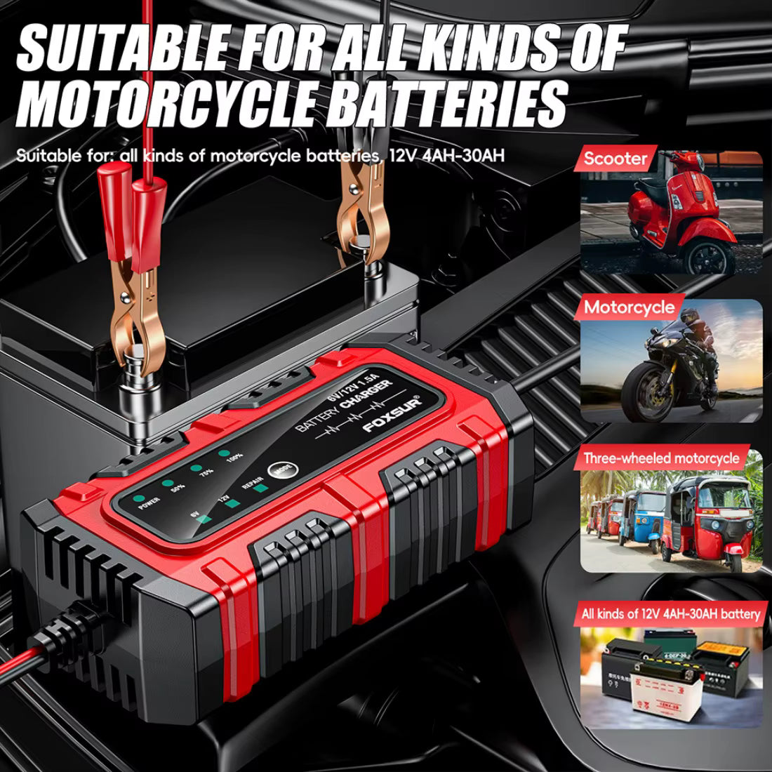 FOXSUR 6V/12V Smart Batteriladdare – Automatisk & Säker