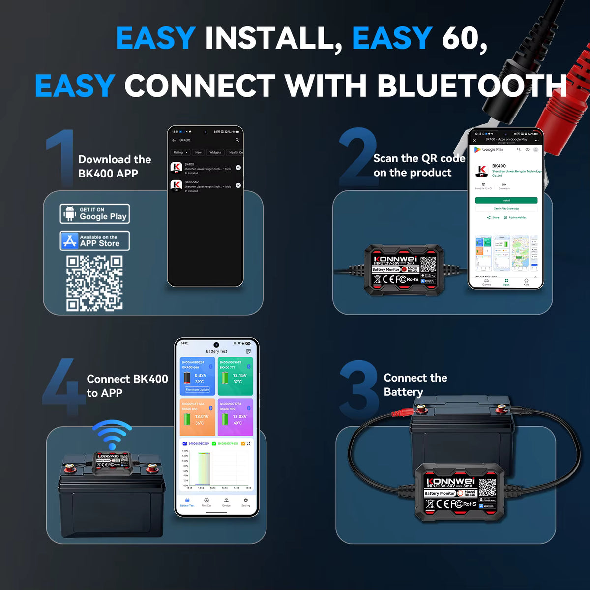 KONNWEI BK400 6-i-1 Bluetooth 5.2 Batterimonitor 3–60V – för 6V/12V/24V/48V