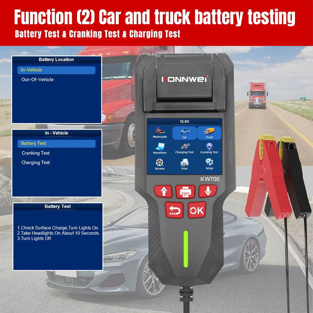 KONNWEI KW700 – Batteritestare 12V/24V med inbyggd skrivare - Felkodsläsare