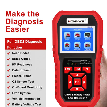 Konnwei KW890 OBD2 Diagnostik Scanner och Batteritest 3-i-1