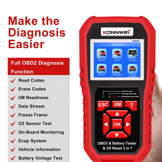 Konnwei KW890 OBD2 Diagnostik Scanner och Batteritest 3-i-1