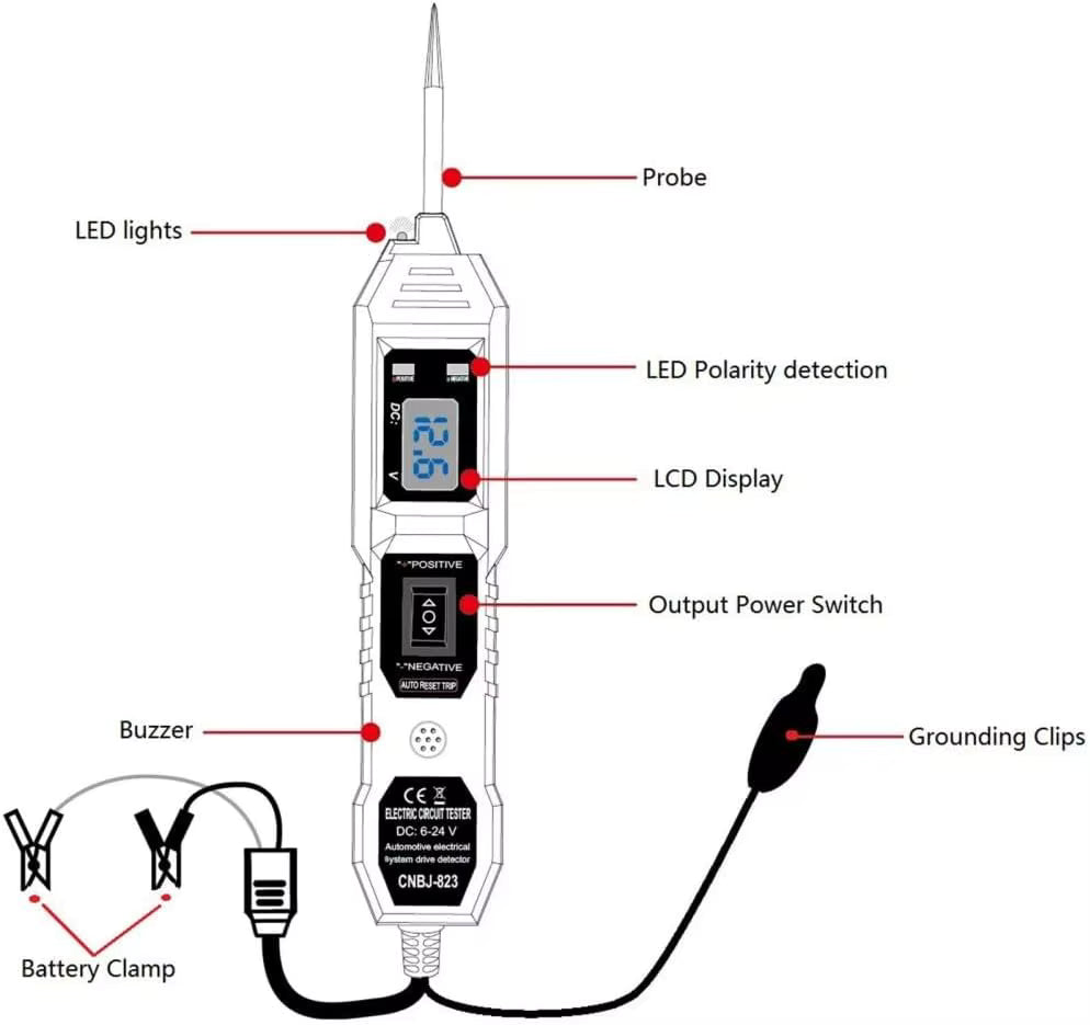 CNBJ-823 6–24V 8A Kretsprovare – LCD, polaritet, summer & arbetslampa