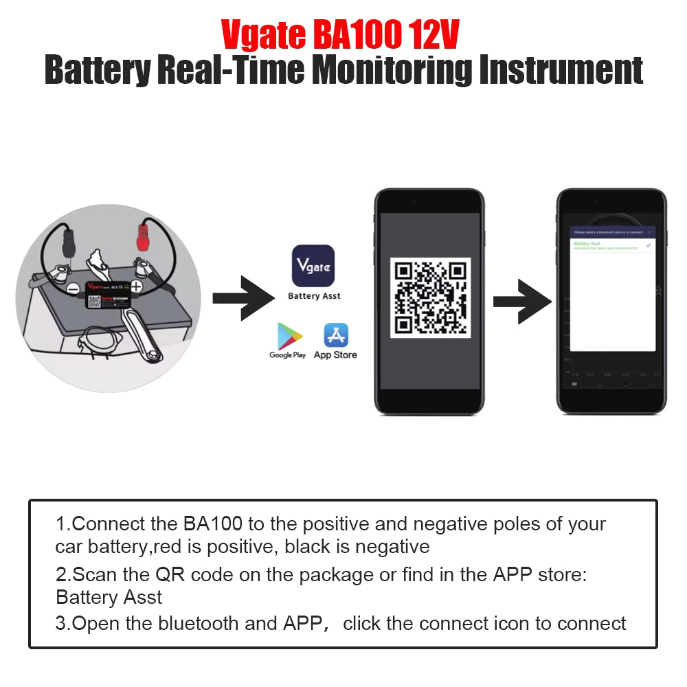 Vgate BA100 – Bluetooth Battery Tester & Battery Monitor 6–20V (6V/12V) for Android/iOS