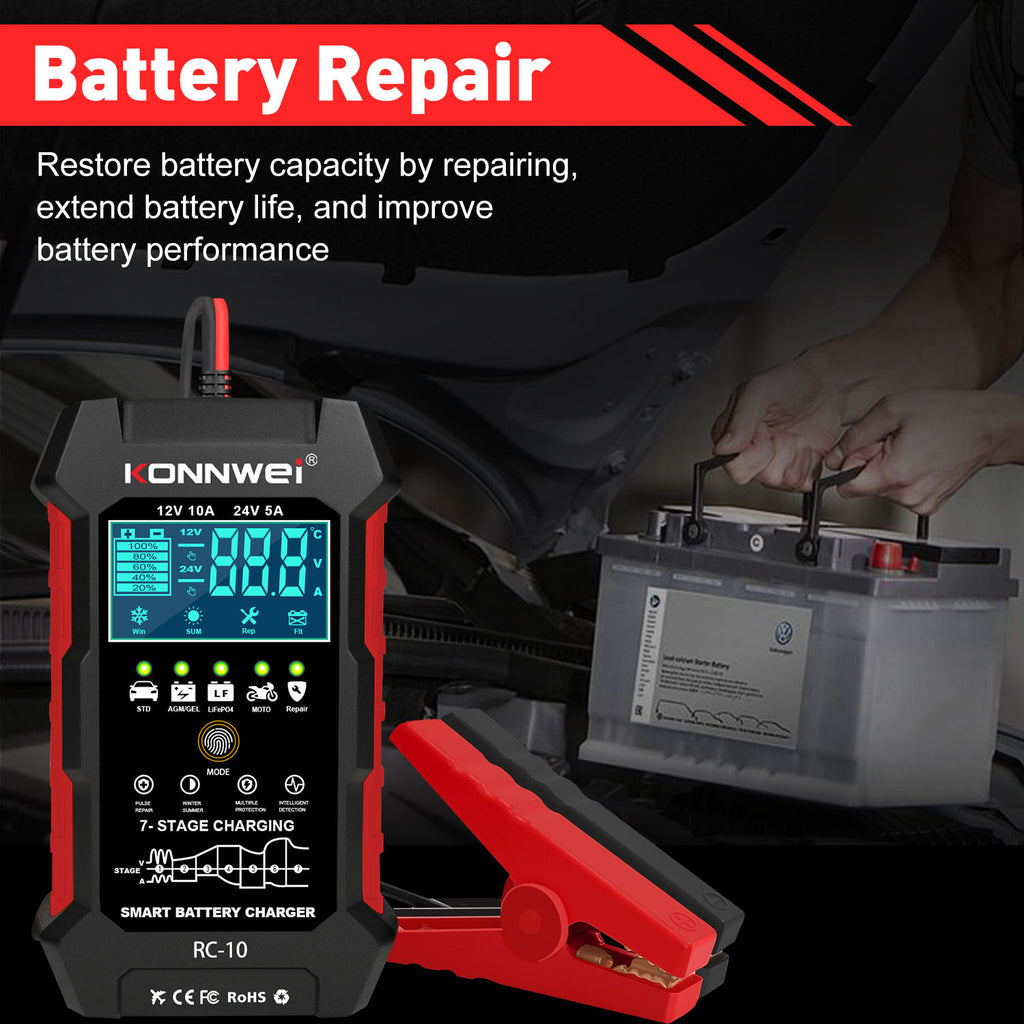 Konnwei RC-10 Snabbladdare 12V 10A & 24V 5A för Bilbatteri