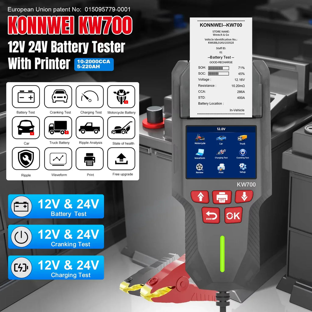KONNWEI KW700 – Batteritestare 12V/24V med inbyggd skrivare - Felkodsläsare