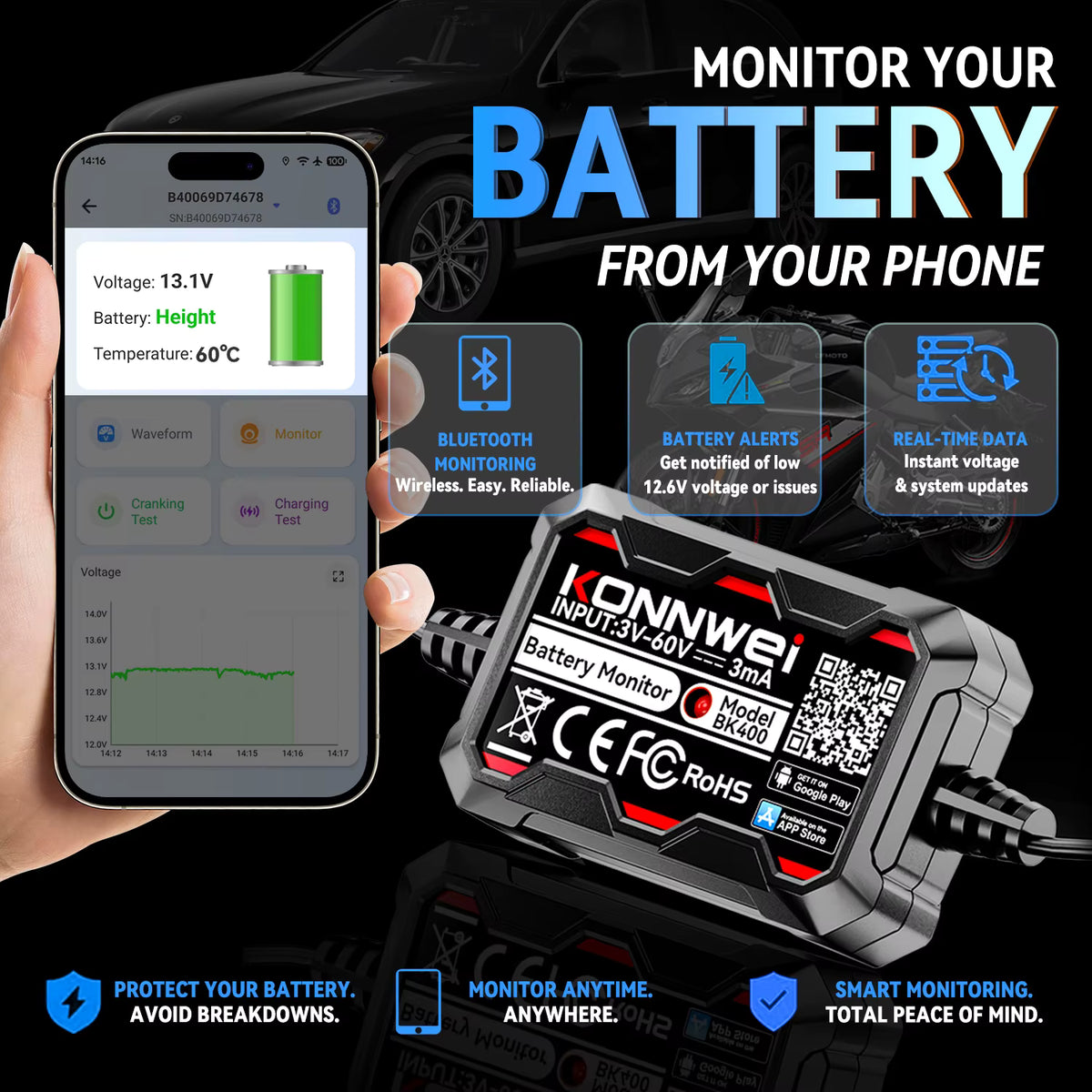 KONNWEI BK400 6-i-1 Bluetooth 5.2 Batterimonitor 3–60V – för 6V/12V/24V/48V