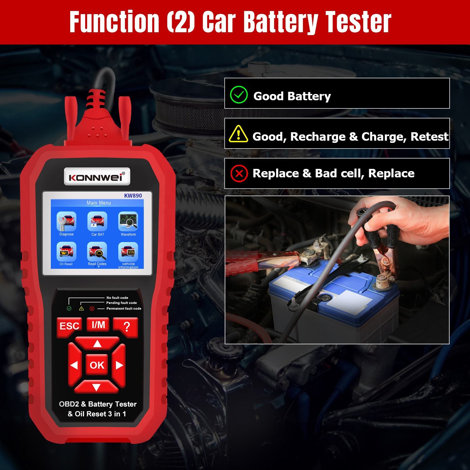 Konnwei KW890 OBD2 Diagnostik Scanner och Batteritest 3-i-1