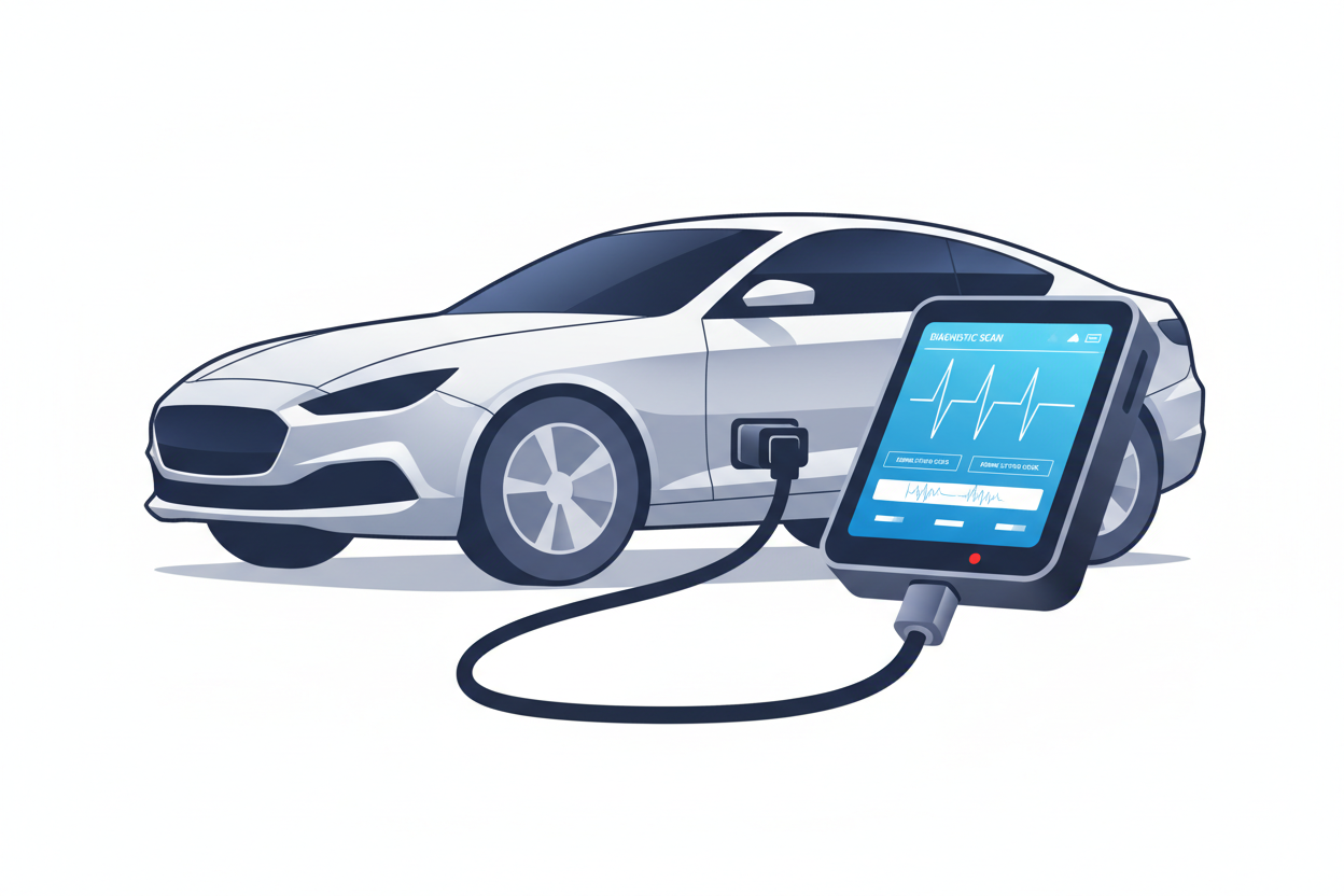 bil kopplad till en felkodsläsare, grafisk stil, vit bakgrund