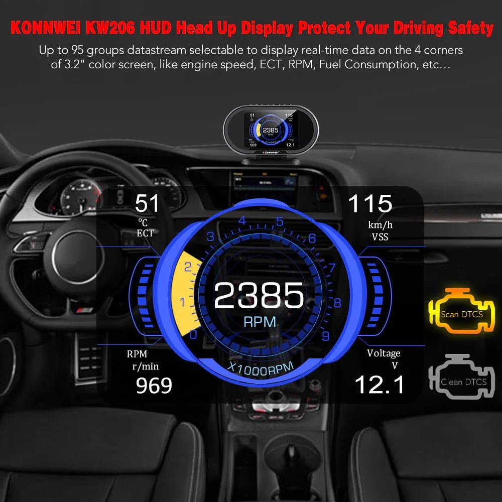 KONNWEI KW206 – HUD Auto Gauge + OBD2 Scanner med smarta varningar - Konnwei